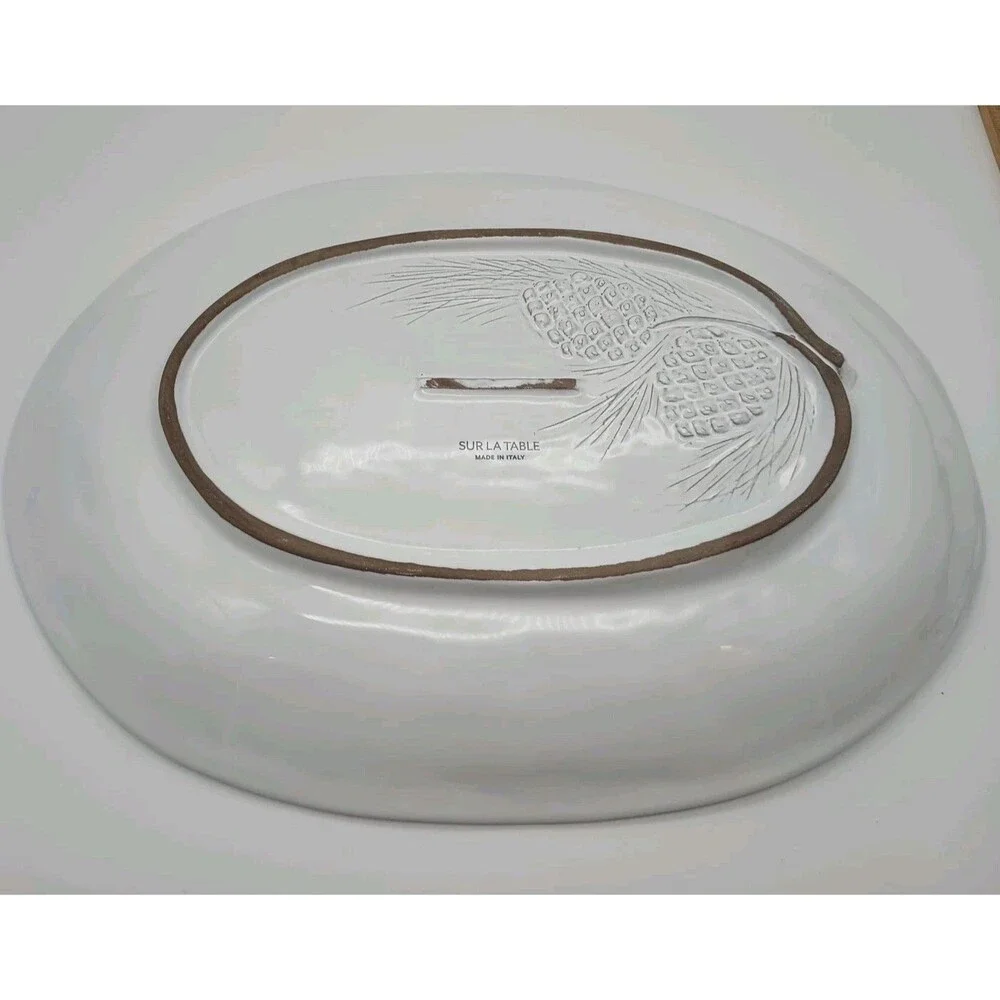 Sur La Table Platter Oval Embossed Pumpkin White Pine Branch Cone